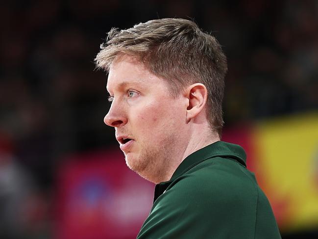 SYDNEY, AUSTRALIA - JUNE 28:  Australia head coach Shannon Seebohm looks on during the 2023 FIBA Women's Asia Cup match between Australia and Japan at Sydney Olympic Park Sports Centre on June 28, 2023 in Sydney, Australia. (Photo by Matt King/Getty Images)