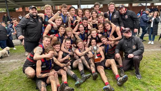 Old Xaverians U19s celebrate their premiership win.