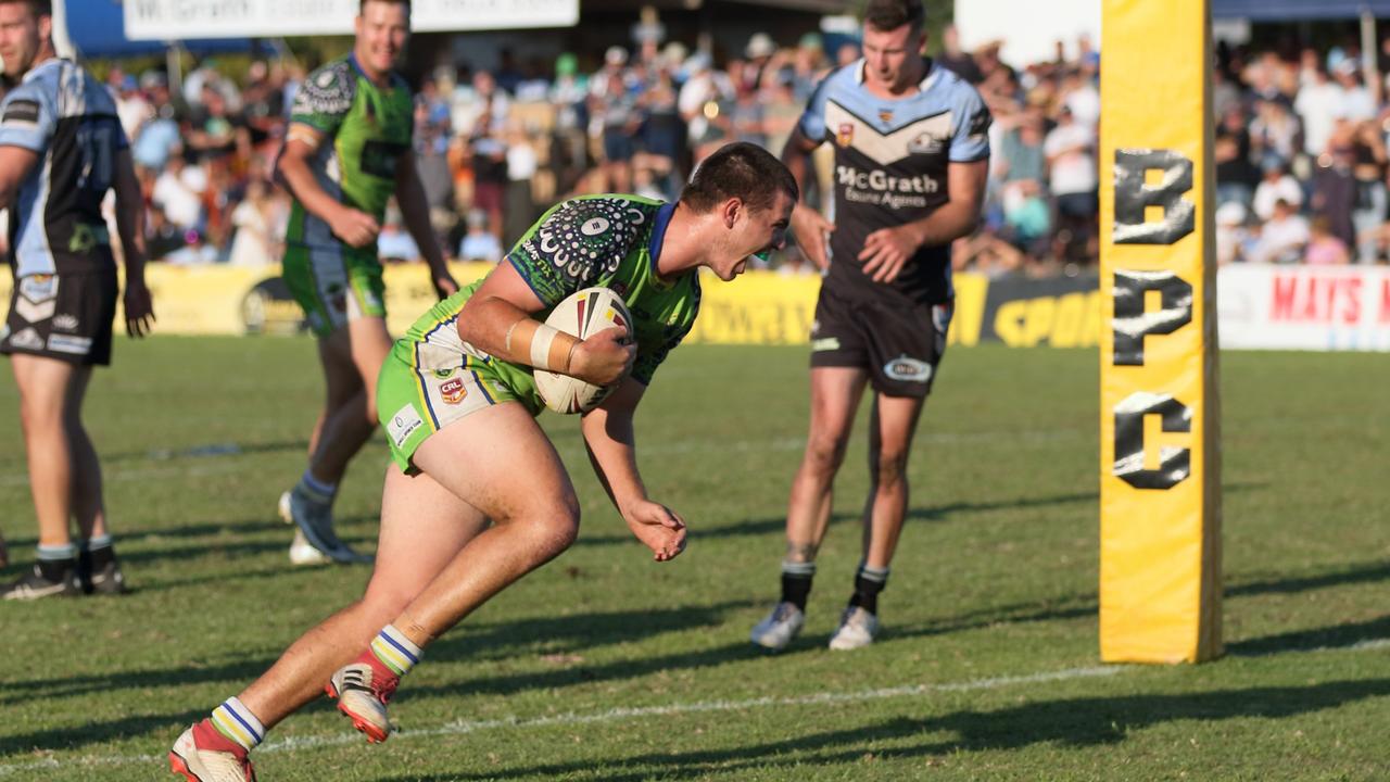 Tweed Coast lock Connor Hickey goes over for a try which sealed a 24-4 win over Ballina in the 2018 NRRRL grand final.