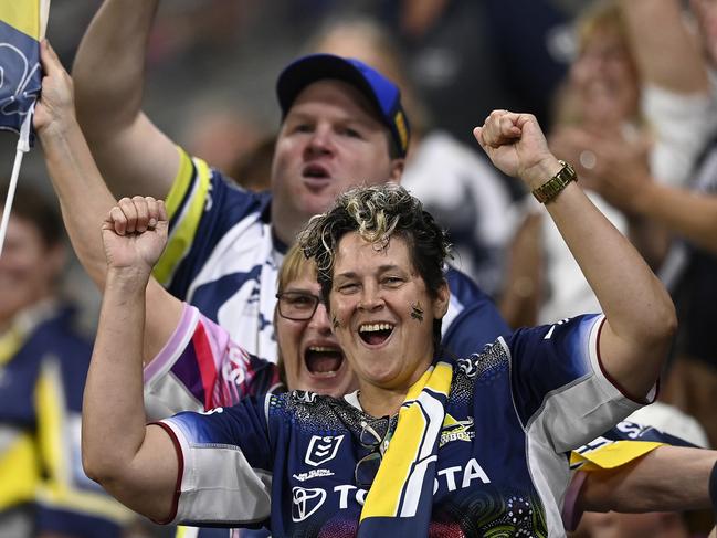 TOWNSVILLE, AUSTRALIA - SEPTEMBER 14:  Cowboys fans show their support during the NRL Qualifying Final match between North Queensland Cowboys and Newcastle Knights at Queensland Country Bank Stadium on September 14, 2024 in Townsville, Australia. (Photo by Ian Hitchcock/Getty Images)