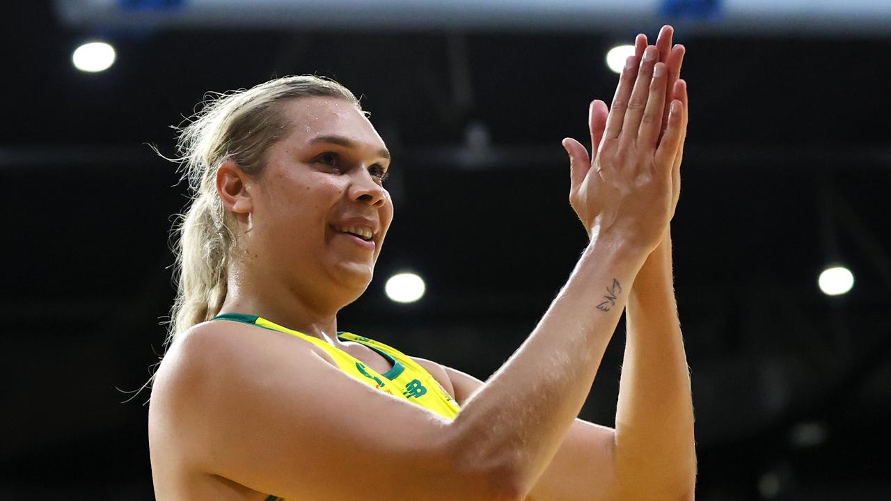 Donnell Wallam celebrates at full time after following game one between the Australia Diamonds and England Roses.