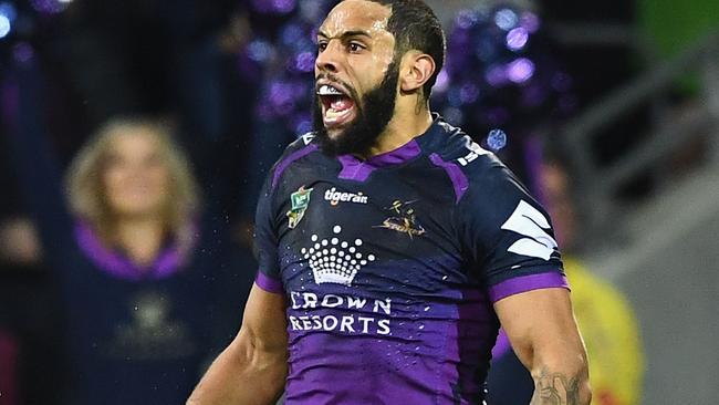 Josh Addo-Carr celebrates a try for the Storm.