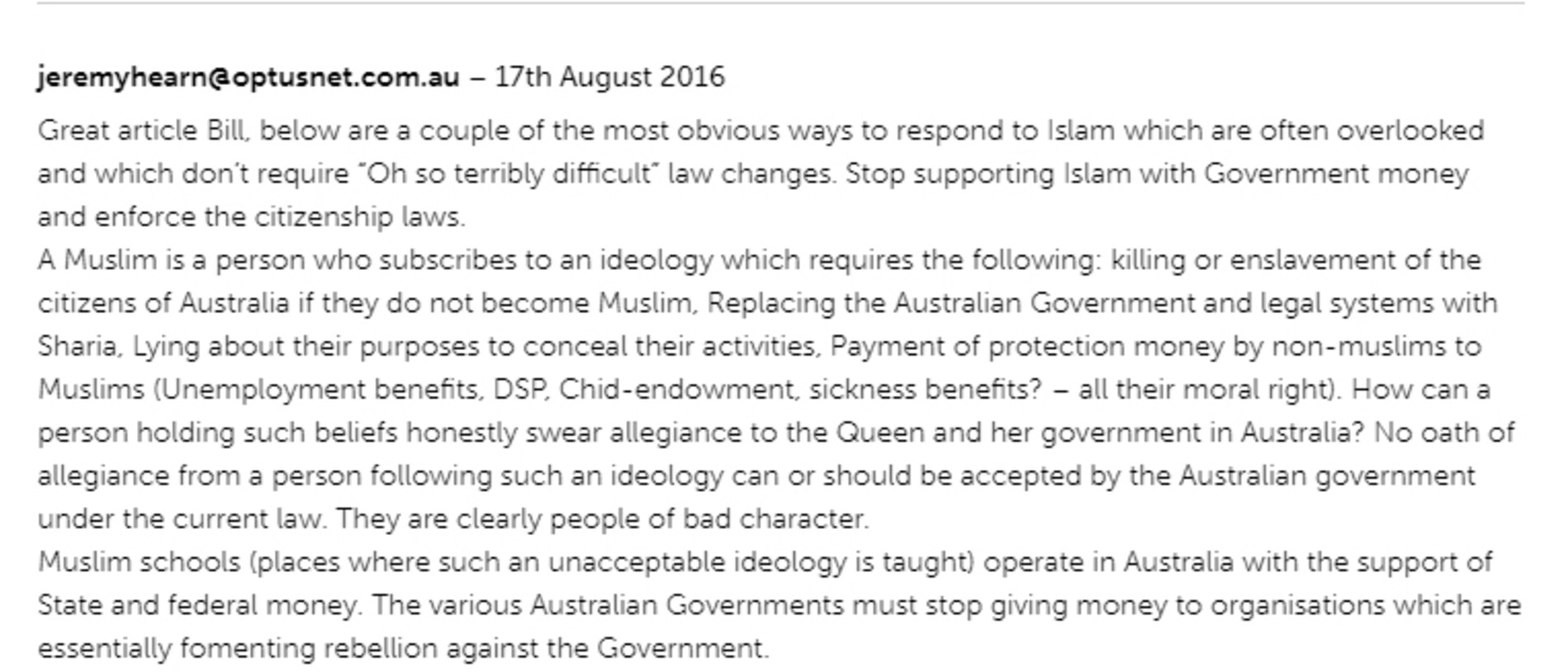 Jeremy Hearn criticised Muslims in a series of comments online.