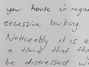 Note sent to a Coomera man complaining about a barking dog. Picture: Facebook.