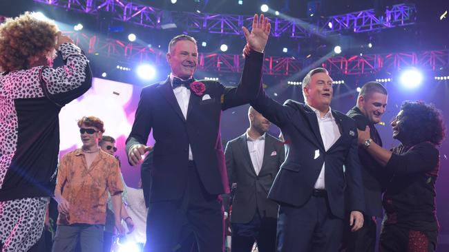 Sam Newman and Eddie McGuire at last year’s Grand Final Footy Show. Picture: Channel 9