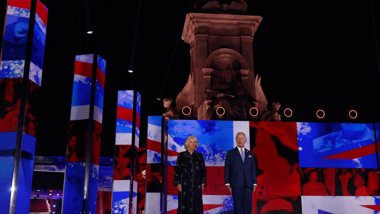 Prince Charles, Prince of Wales, flanked by Britain's Camilla, Duchess of Cornwall delivers a speech during the BBC Platinum Party at the Palace. Picture: Getty