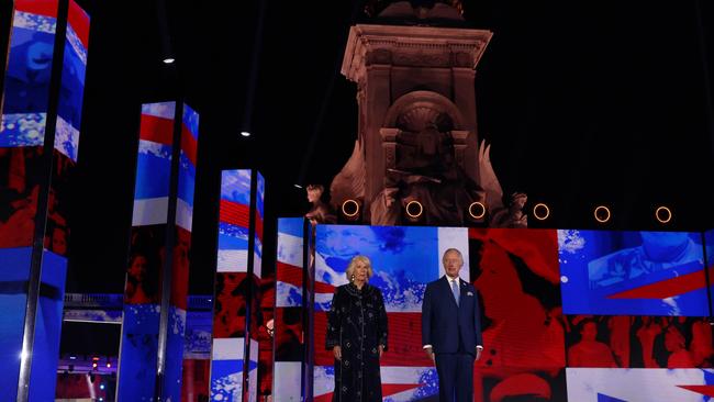 Prince Charles, Prince of Wales, flanked by Britain's Camilla, Duchess of Cornwall delivers a speech during the BBC Platinum Party at the Palace. Picture: Getty