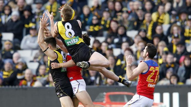 Jack Riewoldt flies for a huge mark in Richmond’s Round 23 win over Brisbane. Picture: Darrian Traynor/Getty Images.