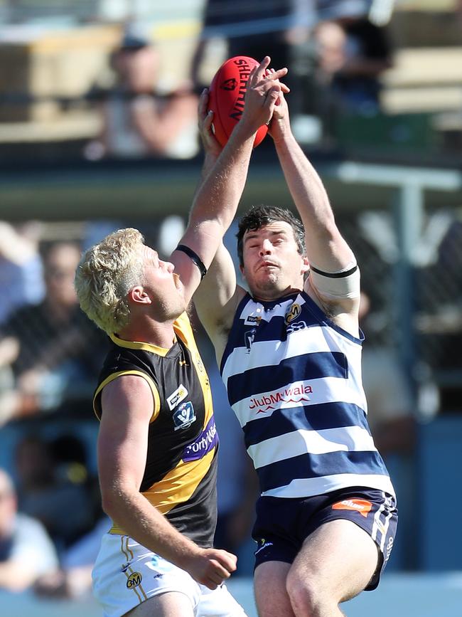 Yarrawonga’s Brayden Coburn marks over Albury’s Jay Hillary.