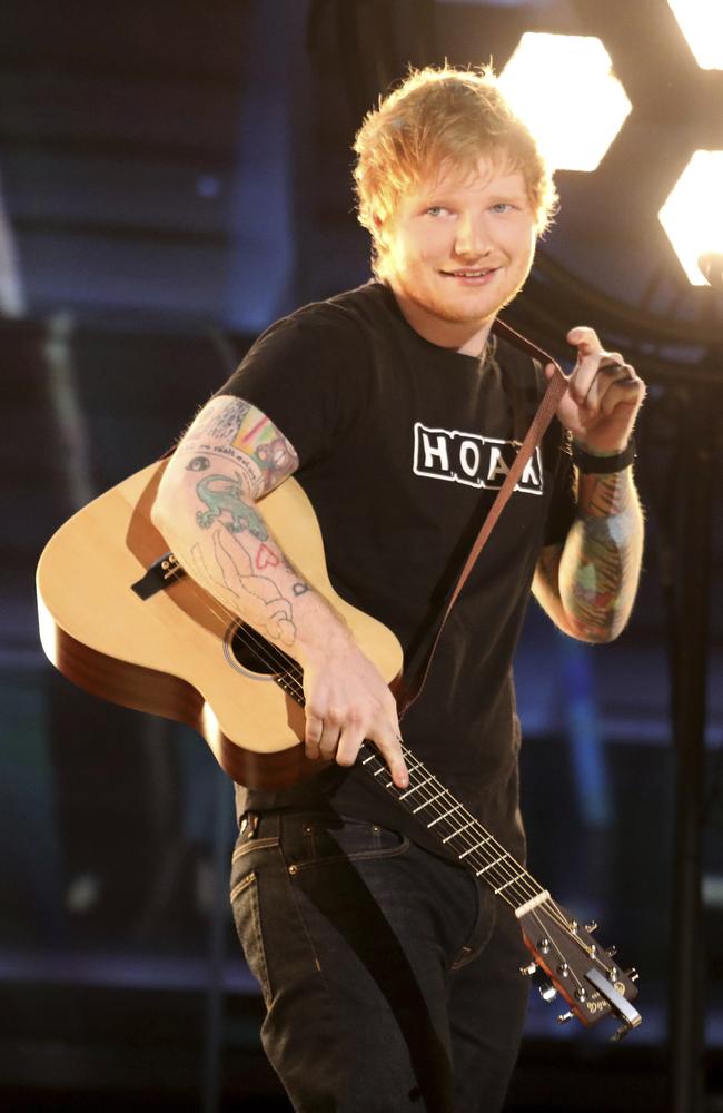Ed Sheeran performs “Shape of You” during The 59th GRAMMY Awards at STAPLES Center on February 12, 2017 in Los Angeles, California. Picture: AP