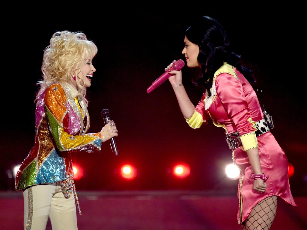 Honoree Dolly Parton and Katy Perry perform onstage during the 51st Academy of Country Music Awards. Picture: Getty