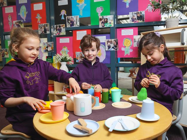 Private Kinder Case Study and the possible benefits of spending thousands of dollars at such a kindergarten. Wesley College students Lucy , Tommy and Sofia. Picture: Ian Currie