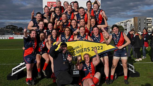 Diamond Creek Women’s celebrate their premiership victory. Picture: Andy Brownbill