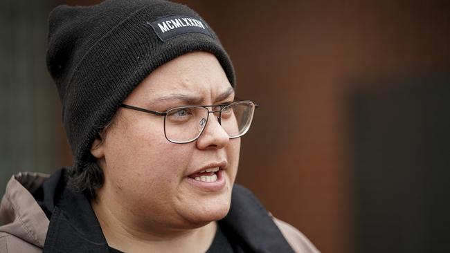 Latoya Rule, sister of Wayne Fella Morrison, speaks outside the Port Adelaide Police Station. Picture: Mike Burton