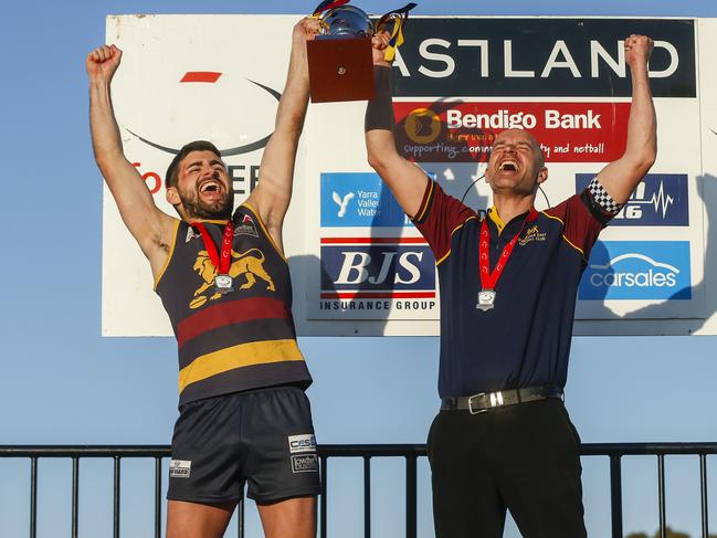 EFL (Division 1) Grand Final: Doncaster East v Croydon. Doncaster East captain and coach celebrate their win. Picture: Valeriu Campan