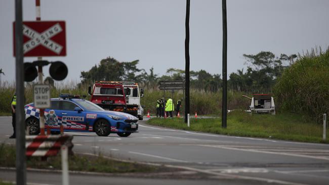 Police at the scene of a two-vehicle crash on the Bruce Hwy at Fitzgerald Creek, five minutes north of Innisfail. The highway was blocked from the north near Jubilee Rd on Friday August 9, 2024. Picture: Arun Singh Mann