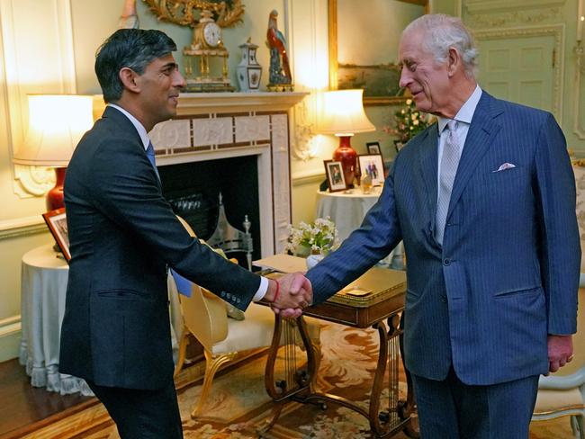 King Charles greets British Prime Minister Rishi Sunak at Buckingham Palace. Picture: Getty Images