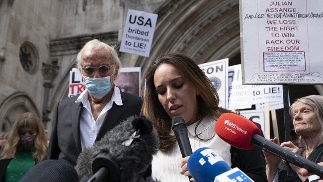 Stella Morris speaks to supporters of Julian Assange outside the High Court in London on Wednesday. Picture: Getty Images