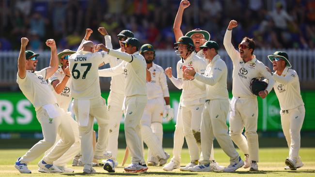 Nathan Lyon celebrates his 500th Test wicket on Sunday. Picture: Getty Images