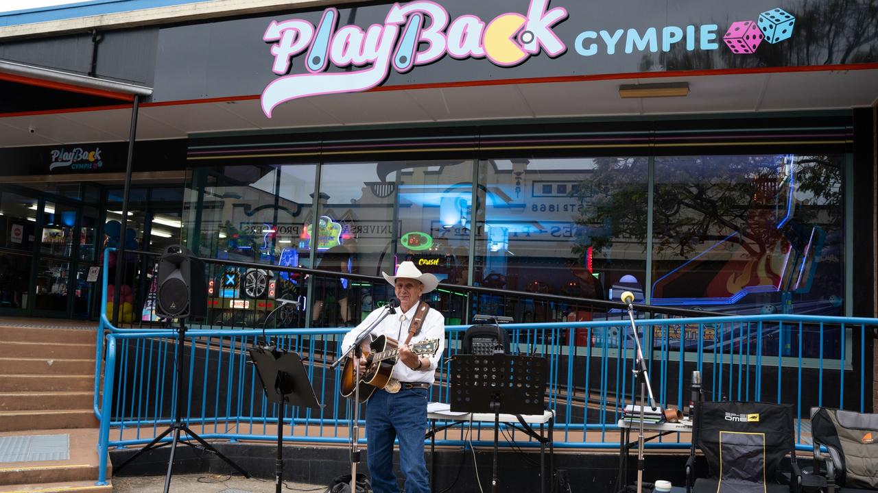 John Shillito plays outside Playback as part of Buskers on Mary in Gympie. August 18, 2023. Picture: Christine Schindler