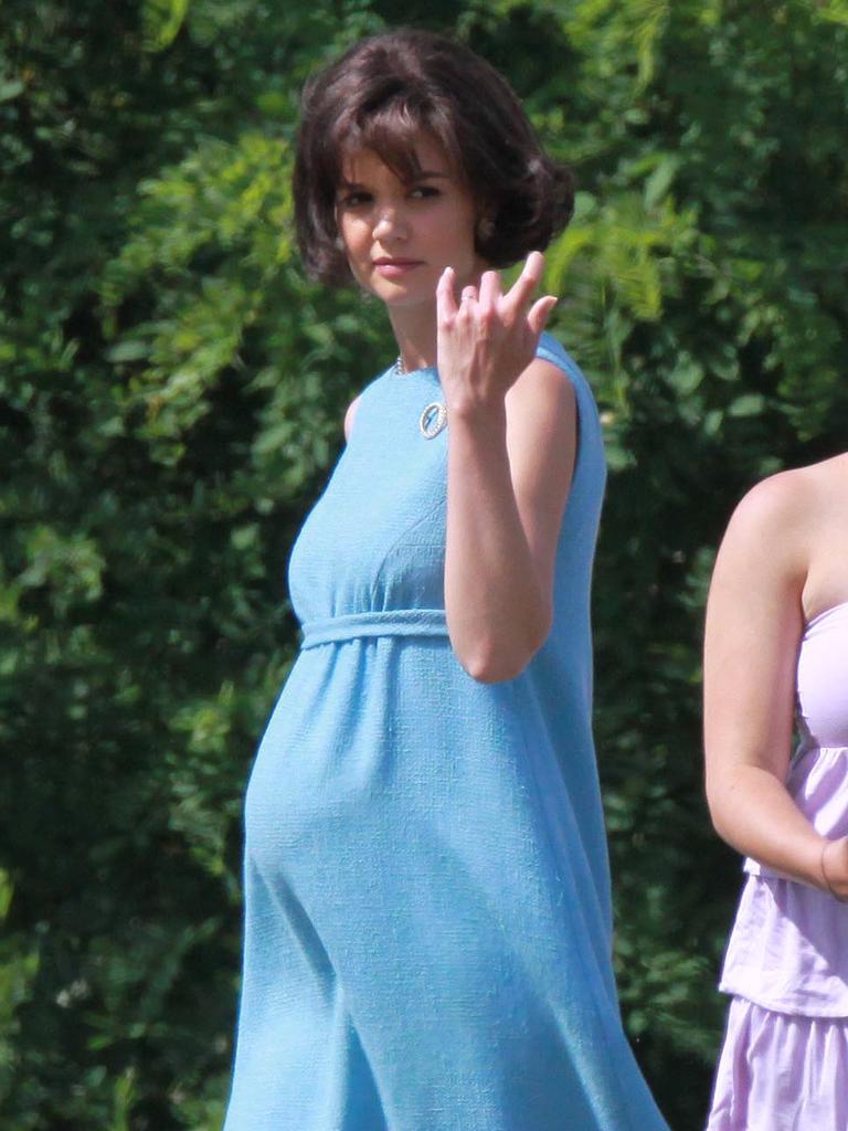 Katie Holmes dressed as a pregnant Jackie Kennedy on set of ‘The Kennedys’. Picture: Splash