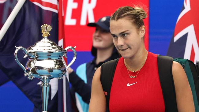 Belarus' Aryna Sabalenka arrives for her women's singles final match against China's Zheng Qinwen. Picture: David Gray/AFP