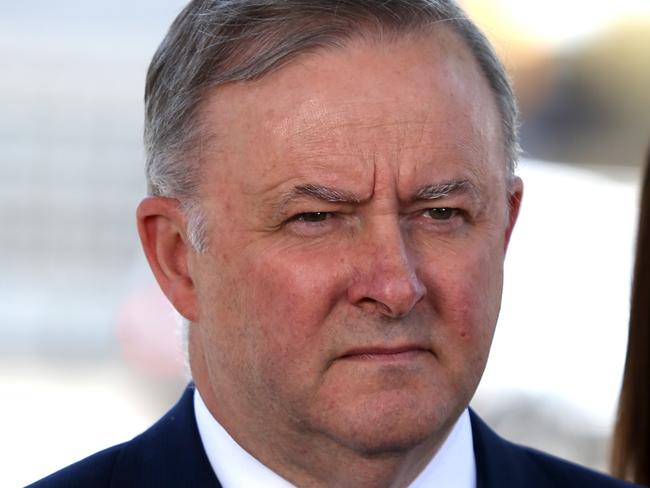 Australian Opposition Leader Anthony Albanese during a press conference with the South Australian Labor Leader Peter Malinauskas and the Shadow Minister for Infrastructure, Transport and Regional Development, Catherine King in Adelaide, Tuesday, November 19, 2019.  (AAP Image/Kelly Barnes) NO ARCHIVING