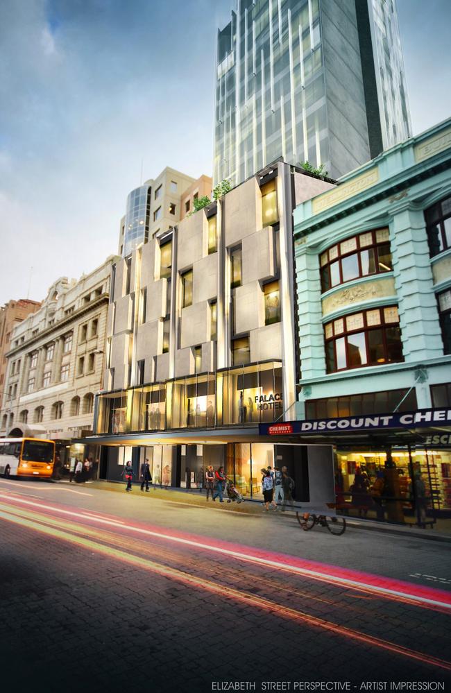 An artist’s impression of the proposed Palace Hotel in Hobart’s bus mall. Picture: Jaw Architects