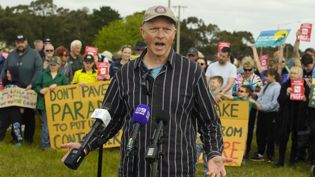 Adrian Hamilton, president of the Little River Action group, speaks at a rally against a $3 billion freight hub at Little River in August. Picture: NewsWire / Luis Enrique Ascui