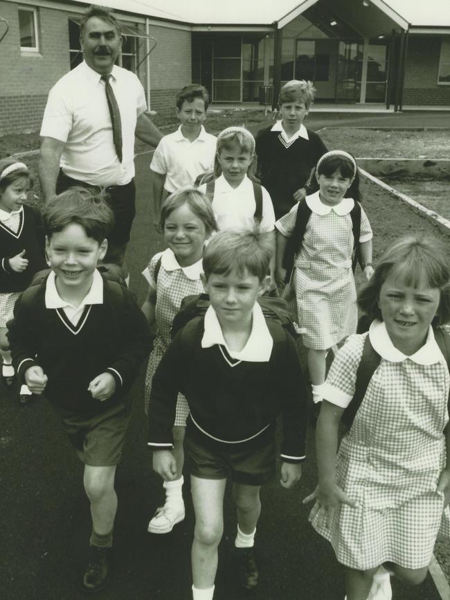 Bek Young, centre, on her first day of Prep at Baden Powell College in the early 1990s. Picture: Supplied