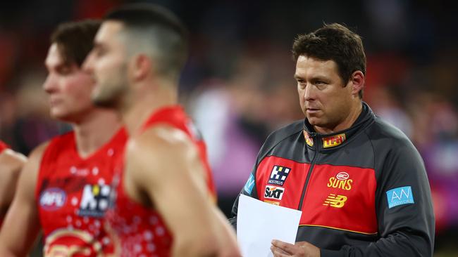 GOLD COAST, AUSTRALIA - JULY 01: Suns head coach Stuart Dew during the round 16 AFL match between Gold Coast Suns and Collingwood Magpies at Heritage Bank Stadium, on July 01, 2023, in Gold Coast, Australia. (Photo by Chris Hyde/AFL Photos/via Getty Images)