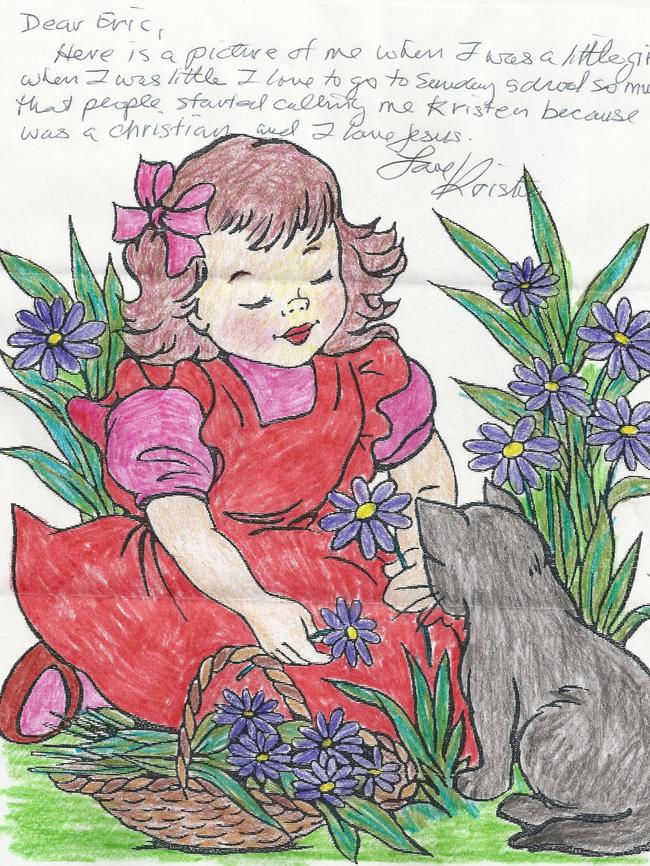 Convicted killer Hadden Clark calls himself ‘Kristen’ reportedly because his mother wanted a daughter and referred to him as that growing up. He coloured this picture in prison and sent it to a collector, saying the girl in the picture was Kristen.