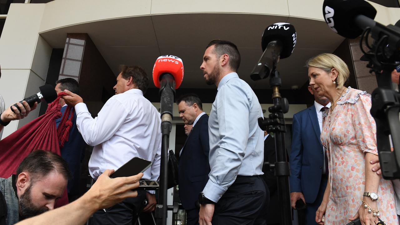 David Edwardson QC, Zach Rolfe and Constable Rolfe’s mother Deborah leave court after the verdict. Picture: (A)manda Parkinson