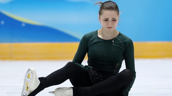 Kamila Valieva of Team ROC falls during a training session. Photo by Matthew Stockman/Getty Images.