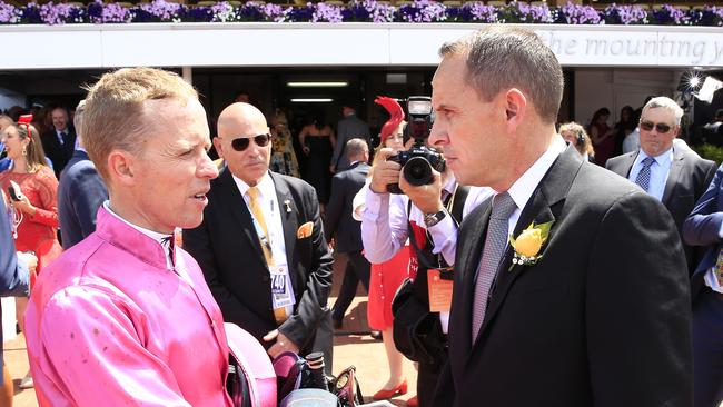 MELBOURNE, AUSTRALIA - NOVEMBER 05: Kerrin McEvoy talks to Chris Waller after winning race 3 with Sure Knee  during 2019 Melbourne Cup Day at Flemington Racecourse on November 05, 2019 in Melbourne, Australia. (Photo by Mark Evans/Getty Images)