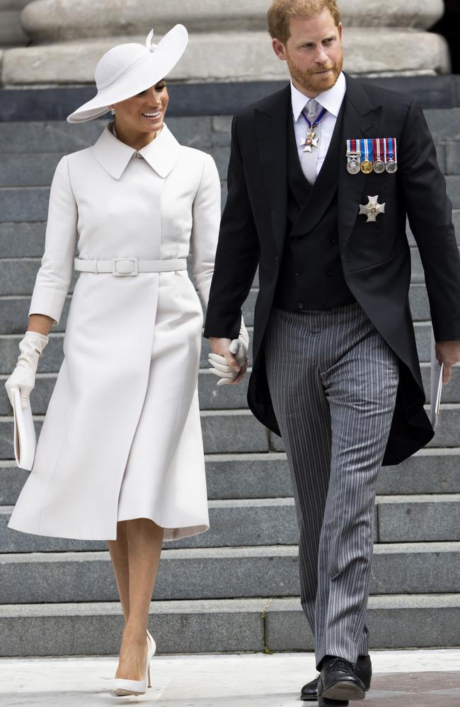 Prince Harry, Duke of Sussex and Meghan, Duchess of Sussex leaving the National Service of thanksgiving. (Photo by Humphrey Nemar – WPA Pool/Getty Images)