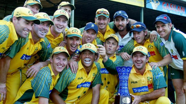 The Australian team after winning the 2004 ODI series in Sri Lanka. Andrew Symonds is front centre, Simon Katich back row, second right (face obscured).