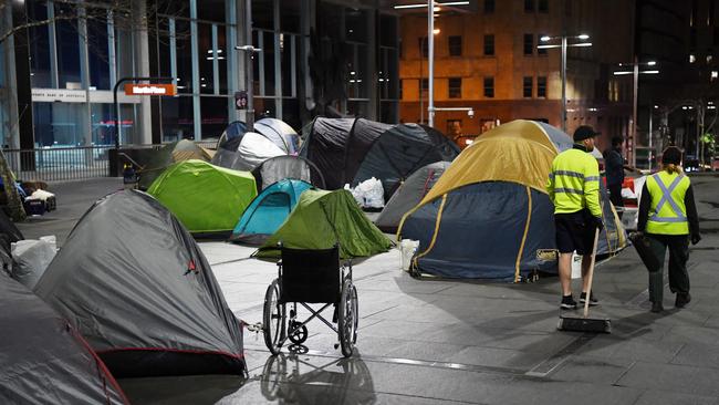 A stalemate continues over the Martin Place homeless camp, with the NSW government and City of Sydney both refusing to take responsibility. Picture: AAP