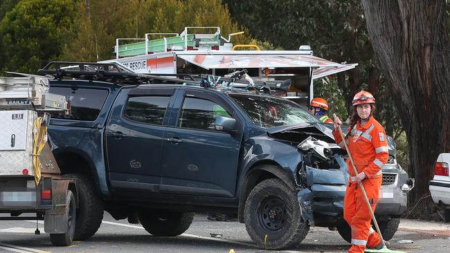 Scene of the two-vehicle crash on the Huon Highway between Huonville and Franklin. Picture: NIKKI DAVIS-JONES