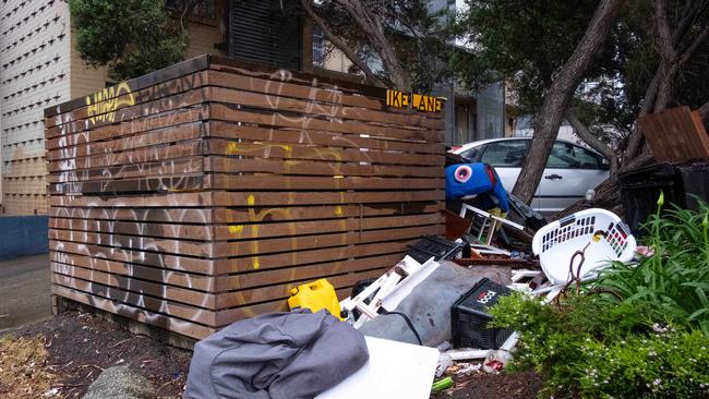 Rubbish is strewn outside an Alma Rd property. Picture: Mark Stewart