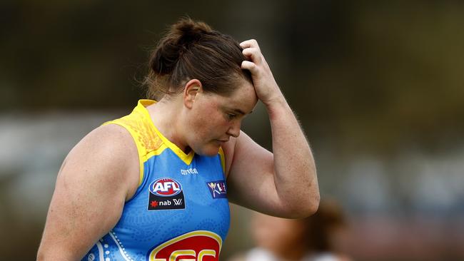 This is the photo of Sarah Perkins that drew nasty comments about her fitness. (Photo by Dylan Burns/AFL Photos via Getty Images)