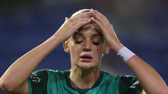 NEWCASTLE, AUSTRALIA - JANUARY 25: Maja Markovski of Canberra United reacts to a missed shot on goal during the round 13 A-League Women's match between Newcastle Jets and Canberra United at McDonald Jones Stadium, on January 25, 2025, in Newcastle, Australia. (Photo by Scott Gardiner/Getty Images)