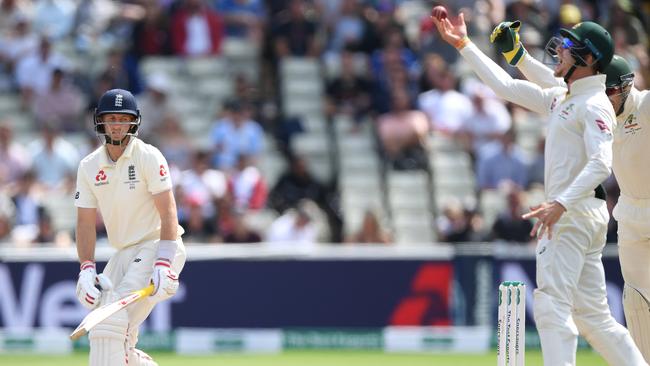 England captain Joe Root reacts after being caught by Cameron Bancroft off Nathan Lyon. Picture: Getty Images