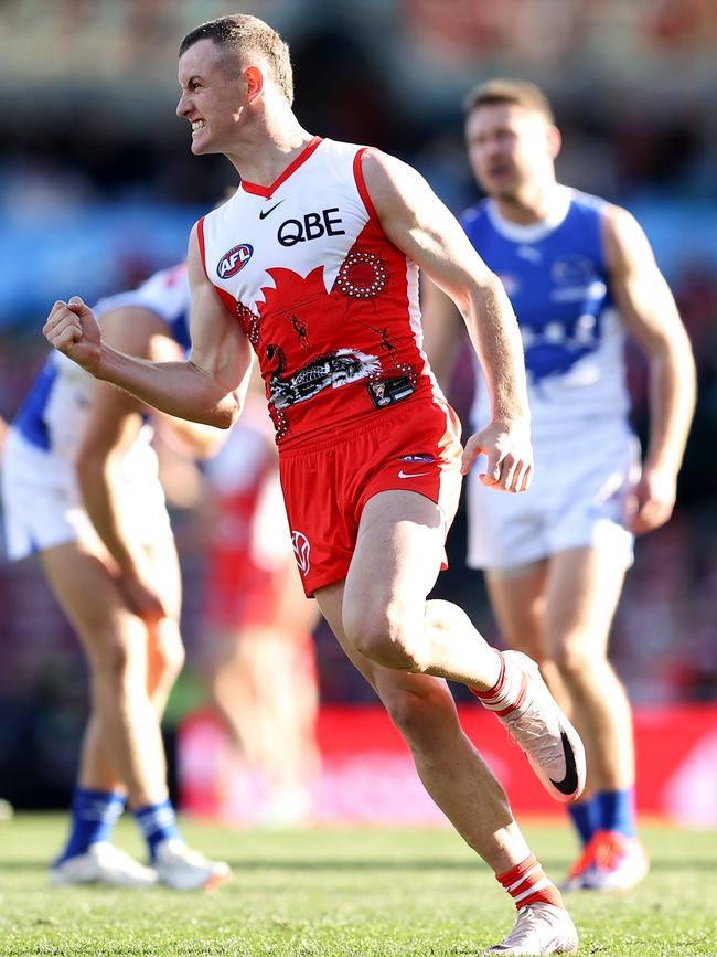 Chad Warner celebrates a goal in the win over North Melbourne. Picture: Brendon Thorne/AFL Photos