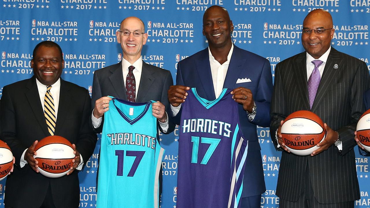 NBA Commisioner Adam Silver and Michael Jordan. Photo by Joe Murphy/NBAE via Getty Images.