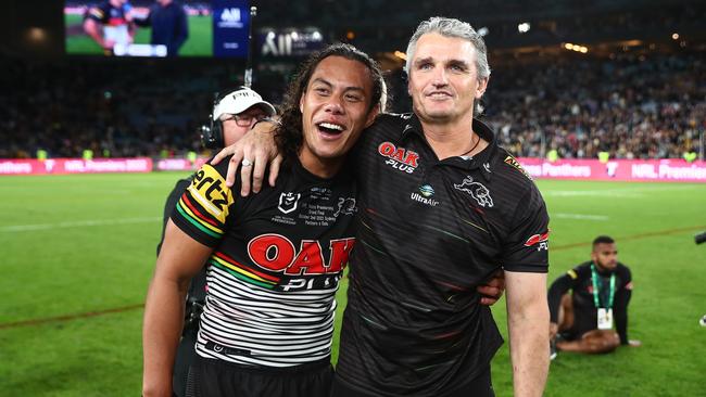 NRL 2022 GF Penrith Panthers v Parramatta Eels - Jarome Luai, Ivan Cleary , celebrates victory. Picture: NRL Photos