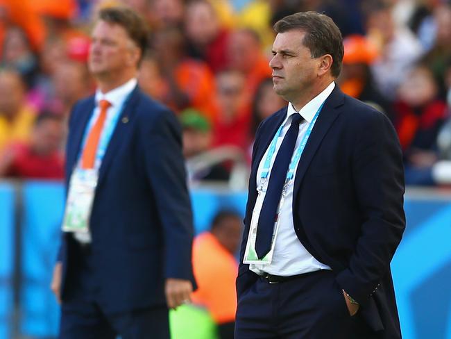 Louis van Gaal and Ange Postecoglou coaching against each other at the 2014 World Cup in Brazil.