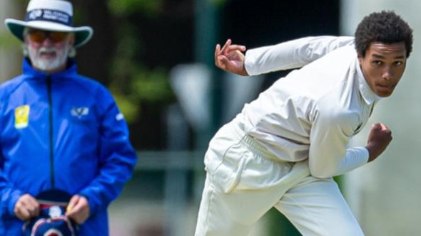 Marcus Jackman letting go for Melbourne in his Victorian Premier Cricket debut.