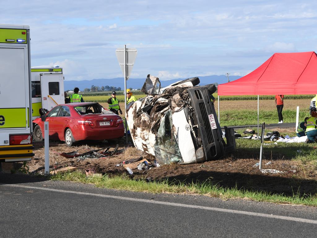 There were no fatalities in this crash at the intersection of Lake Clarendon Way and Forest Hill-Fernvale Road, where a truck and mini bus collided, but three patients were critical and seven others were taken to hospital. PHOTO: Ali Kuchel