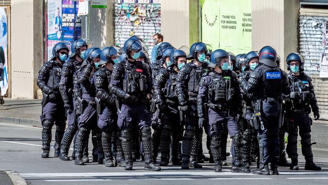 Police patrol the Queen Victoria Market last weekend. Picture: Jake Nowakowski